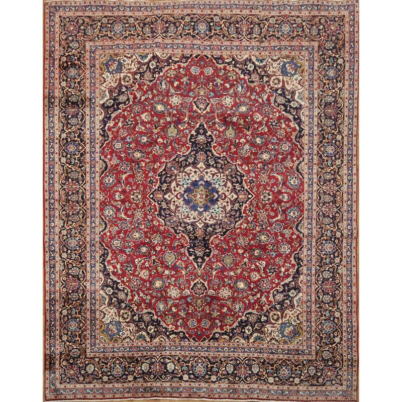 Hand Knotted Oriental 100% Wool Carpet Traditional Floral Red Kashan Area Rug - 12' 2'' X 9' 7''