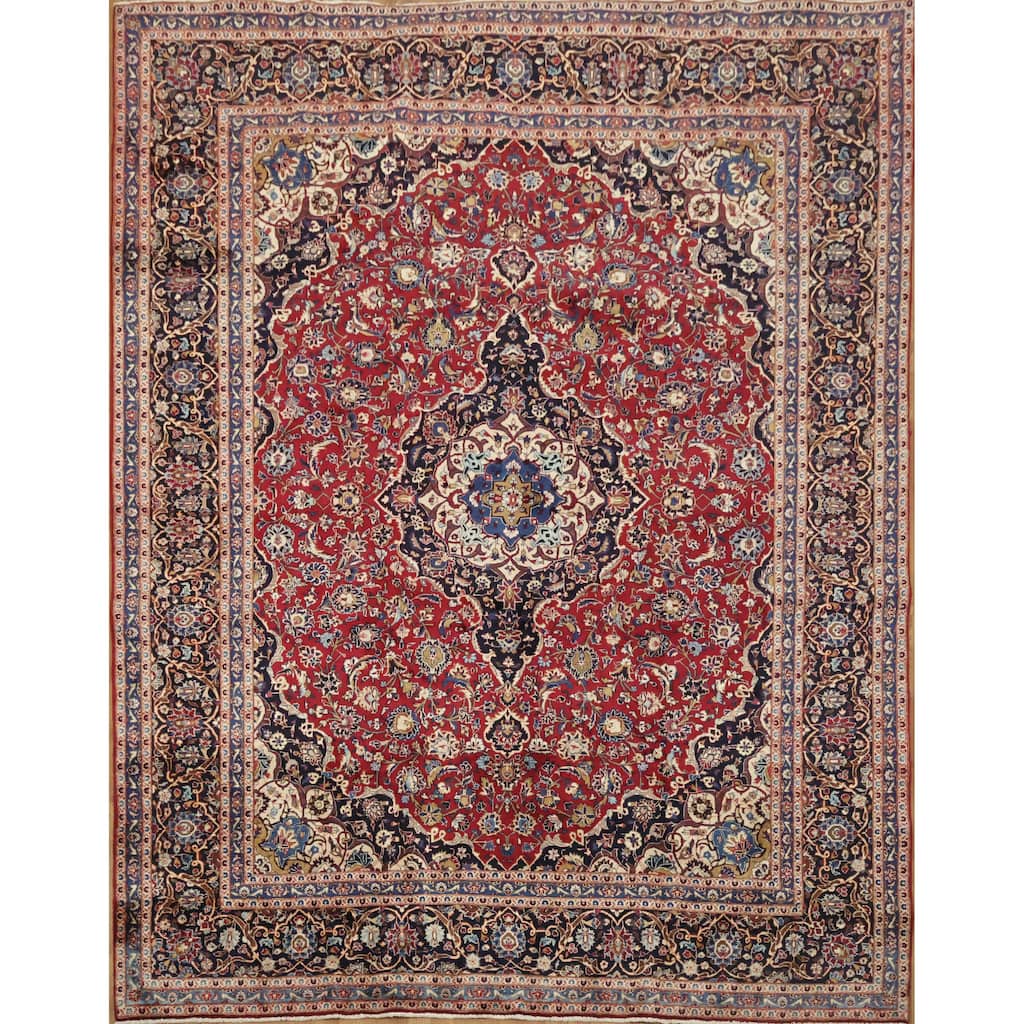 Hand Knotted Oriental 100% Wool Carpet Traditional Floral Red Kashan Area Rug - 12' 2'' X 9' 7''
