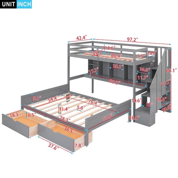 Twin XL over Full Bunk Bed with Built-in Storage Shelves, Drawers and ...