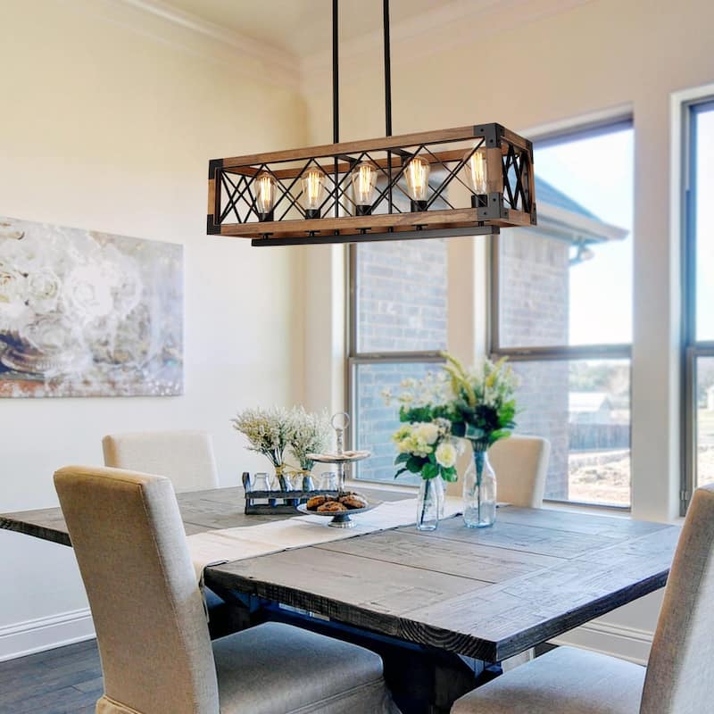 Modern Farmhouse 5-Light Wood Rectangle Chandelier Cage Island Lights for Dining Room - 31.6"L x 10" W x 7.8" H
