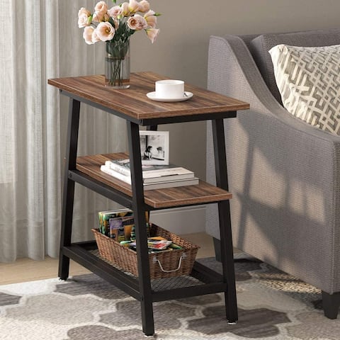 Industrial 3-Tier End Table with Metal Mesh Storage Shelf