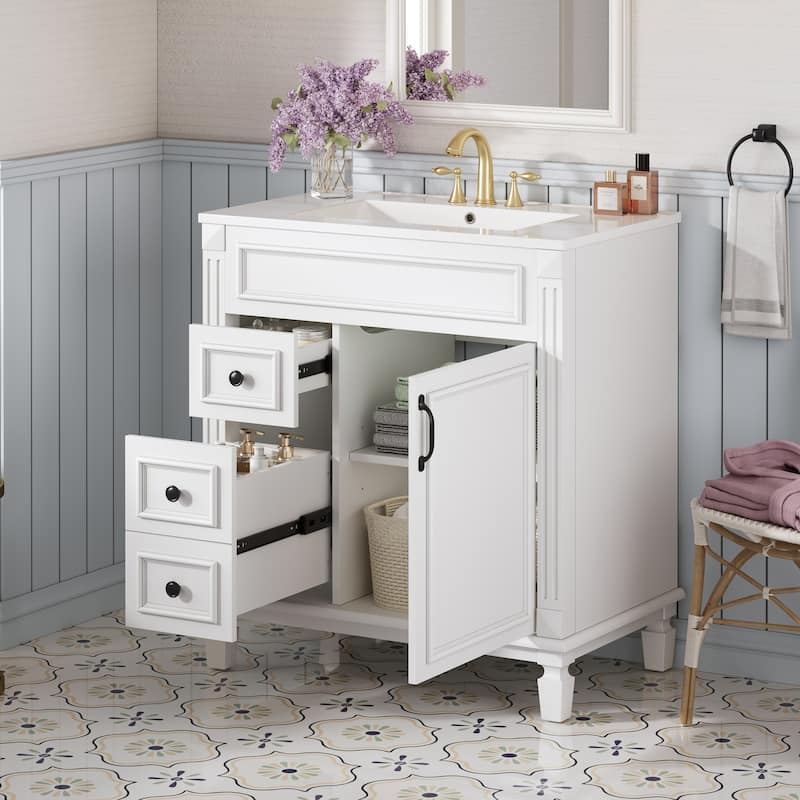 GDF Studio - Belcourt Modern Bathroom Vanity with Ceramic Sink, 2 Storage Drawers and Adjustable Shelf
