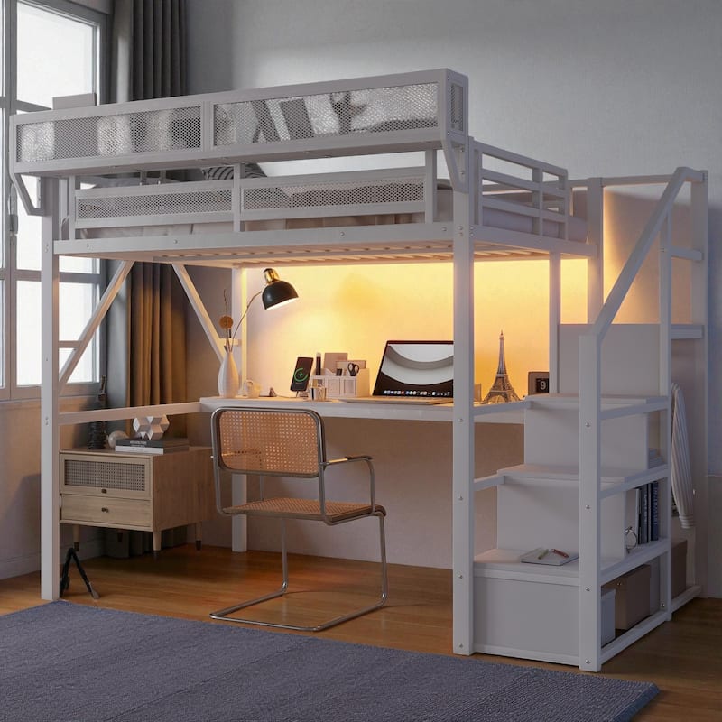 Full/Queen Size Metal Loft Bed with Desk, RGB Light, Charging Station, Shelves and Wardrobe, Stair Loft Bed for Teens