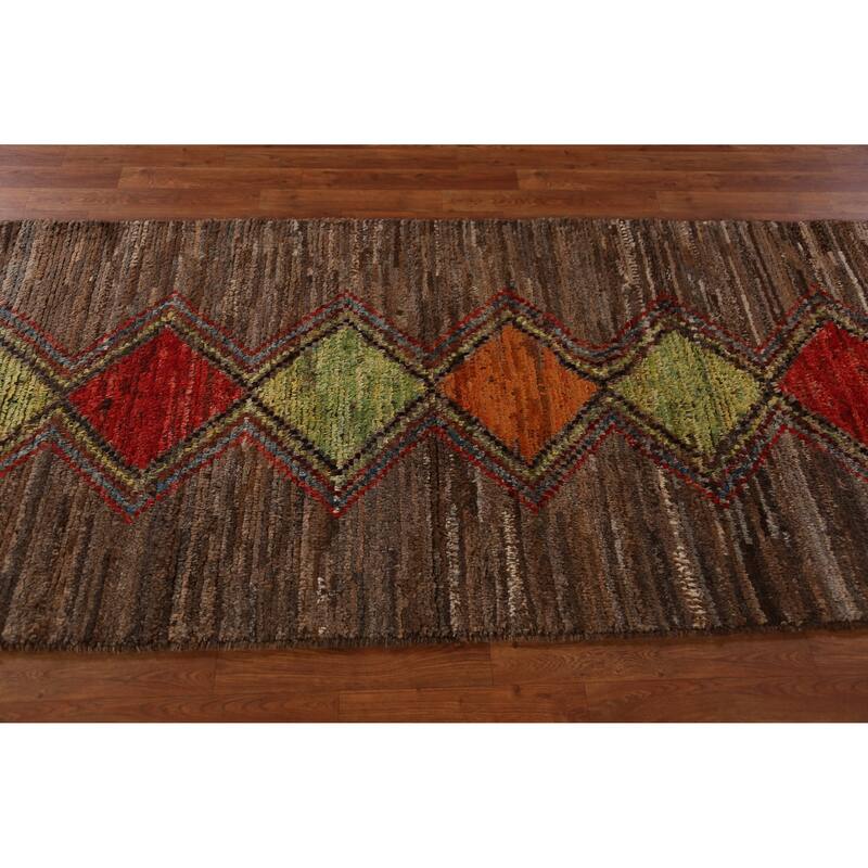 Geometric Moroccan Oriental Runner Rug Hand-Knotted Wool Carpet - 3'6" x 12'6"