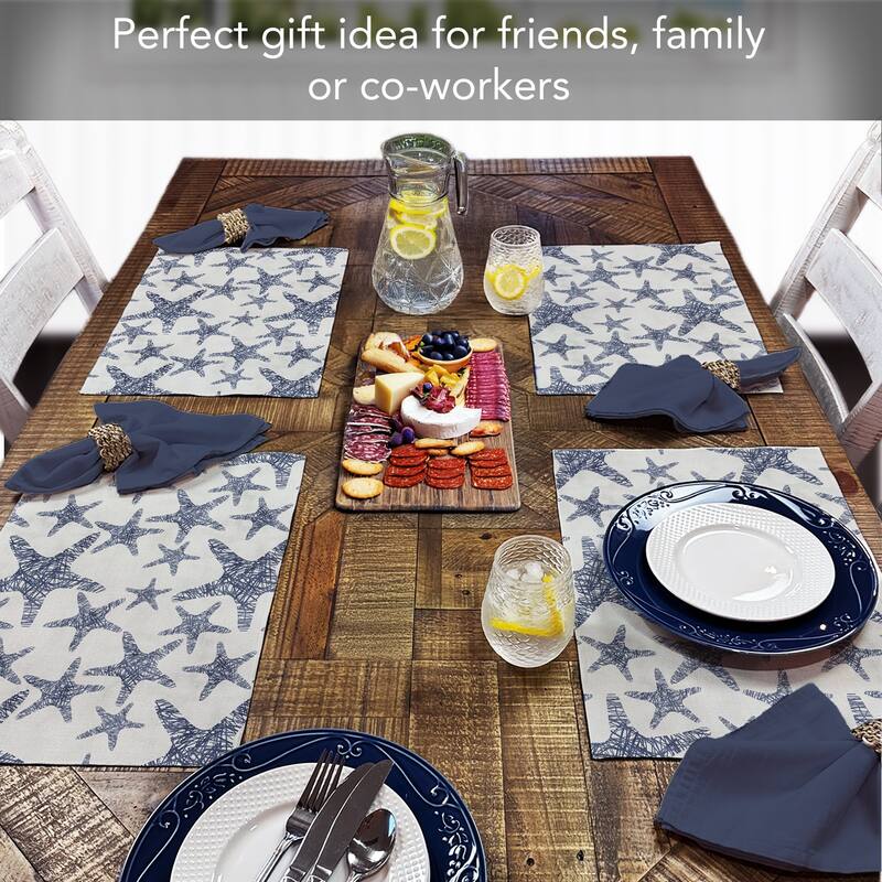 Dark Denim Starfish 4-Pack Poly-Cotton Blend Placemats Manufactured in The USA Machine Washable Dryer Safe