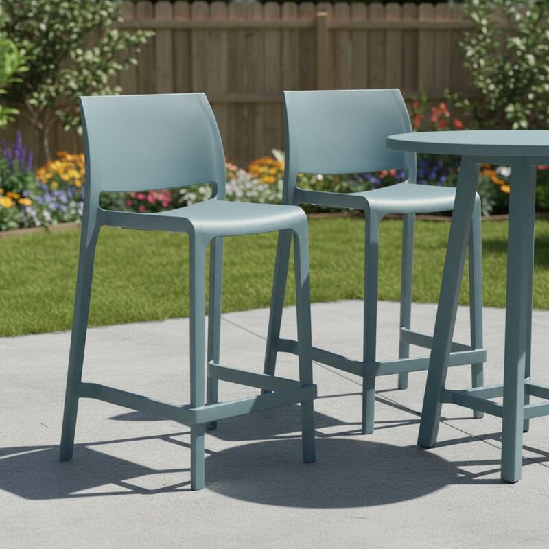 HomeRoots Set of Two 26" Baby Blue Heavy Duty Plastic Low Back Outdoor Counter Height Bar Chairs