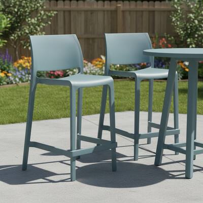 HomeRoots Set of Two 26" Baby Blue Heavy Duty Plastic Low Back Outdoor Counter Height Bar Chairs