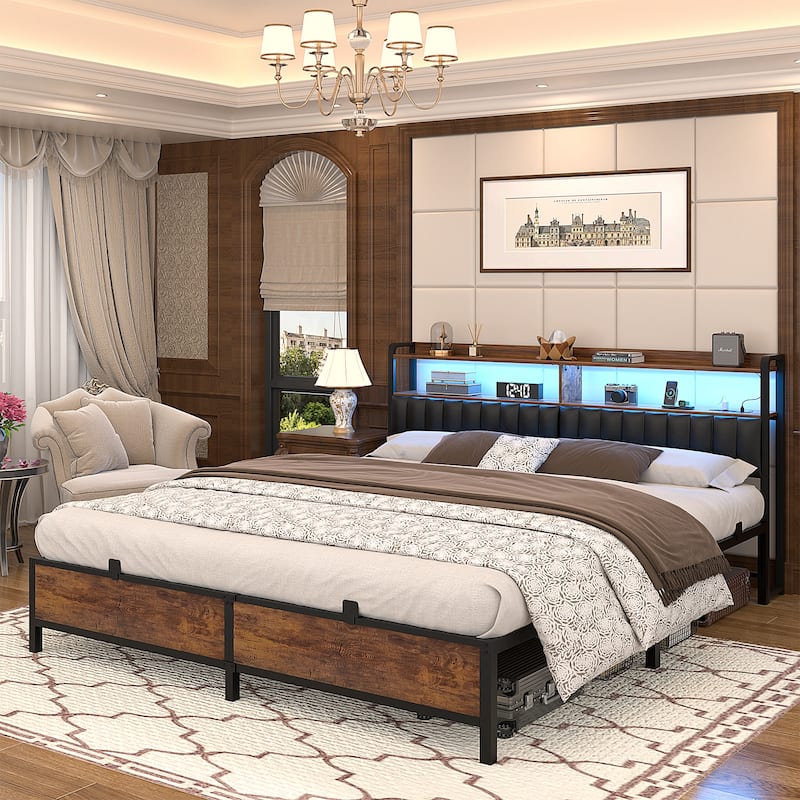 Platform Bed Frame with Upholstered Storage Headboard, Full/ Queen/ King Beds with Charge Station and LED Lights