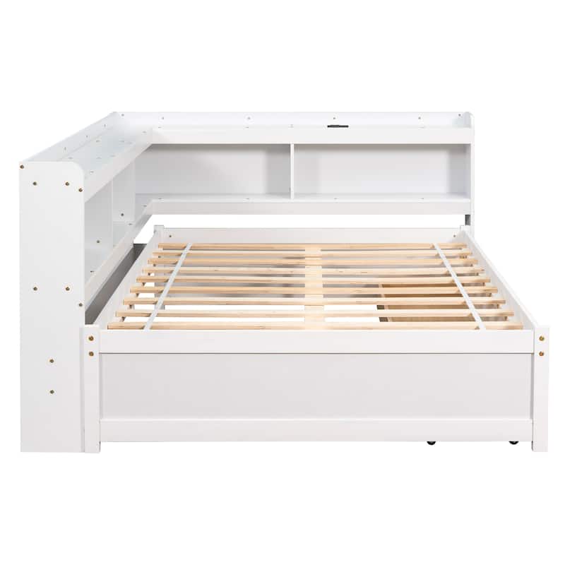 Full Size L-shaped Bookcases Bed with Power Outlets, USB Charging Ports,Two Drawers