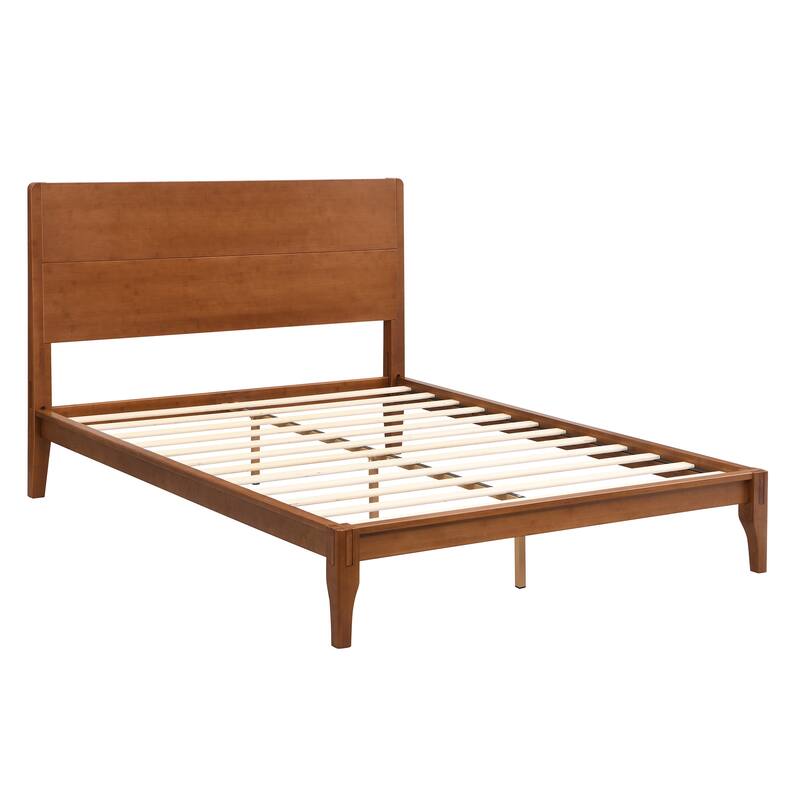 Bamboo Wood Platform Bed/Mid-Century Modern Bed Frame with Tall Headboard/Wood Slat Support/No Box Spring Needed/Easy Assembly