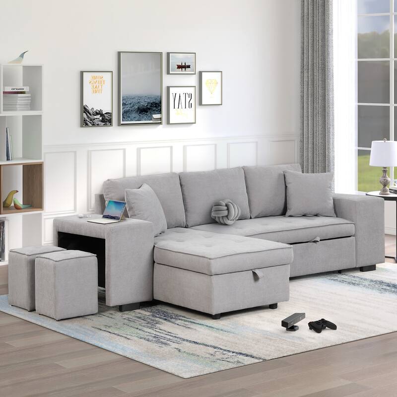 104.5" Linen L-Shaped Sectional Sofa Bed with Stools - Gray