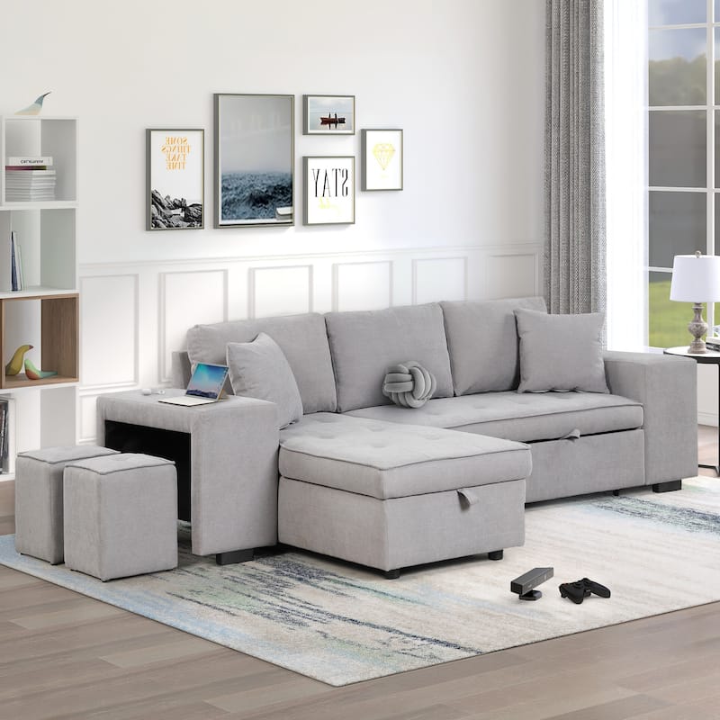 Grey 104.5" Charcoal L-Shaped 3-Seater Convertible Sofa with Pull-Out Bed, Storage Chaise, and 2 Convenient Stools - Gray