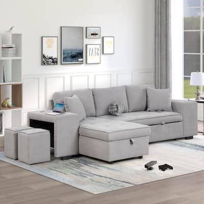 Grey 104.5" Charcoal L-Shaped 3 Seater Convertible Sofa with Pull-Out Bed, Storage Chaise and 2 Stools for Living Room