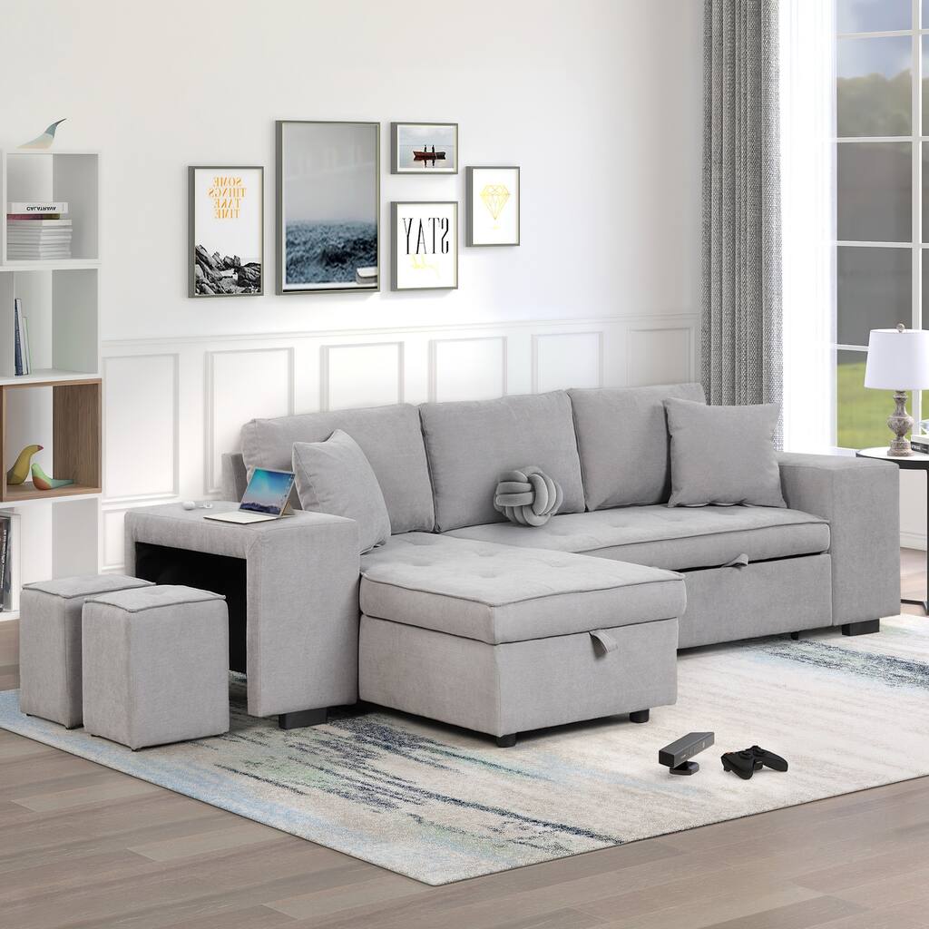 Grey 104.5" Charcoal L-Shaped 3-Seater Sofa with Bed