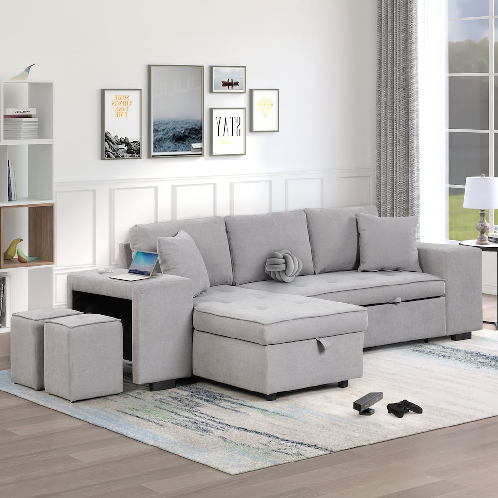Grey 104.5" Charcoal L-Shaped 3-Seater Sofa with Pull-Out Bed