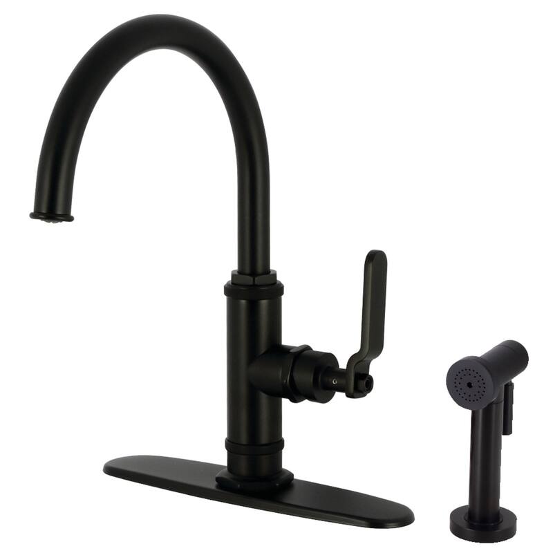 Kingston Brass Whitaker Single-Handle Deck Mount Kitchen Faucet with Brass Sprayer - Matte Black