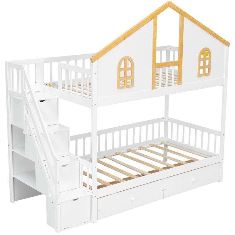 Fairytale Bunk Bed with Window Door House-shaped Roof Frame and Storage Staircase, Optional with Storage Drawers or Trundle Bed