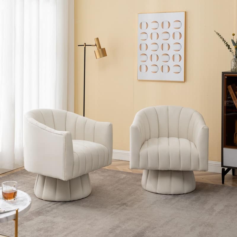 SEYNAR Modern Glam Velvet Upholstered Round 360 Degree Swivel Accent Barrel Chair Set of 2 - Beige