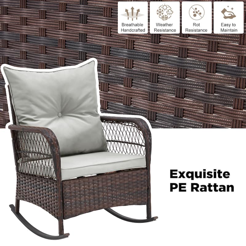 3-Piece Outdoor Rocking/Swivel Chair Set - PE Rattan Patio Furniture with Cushions & Coffee Table, Rocker Chairs for Backyard