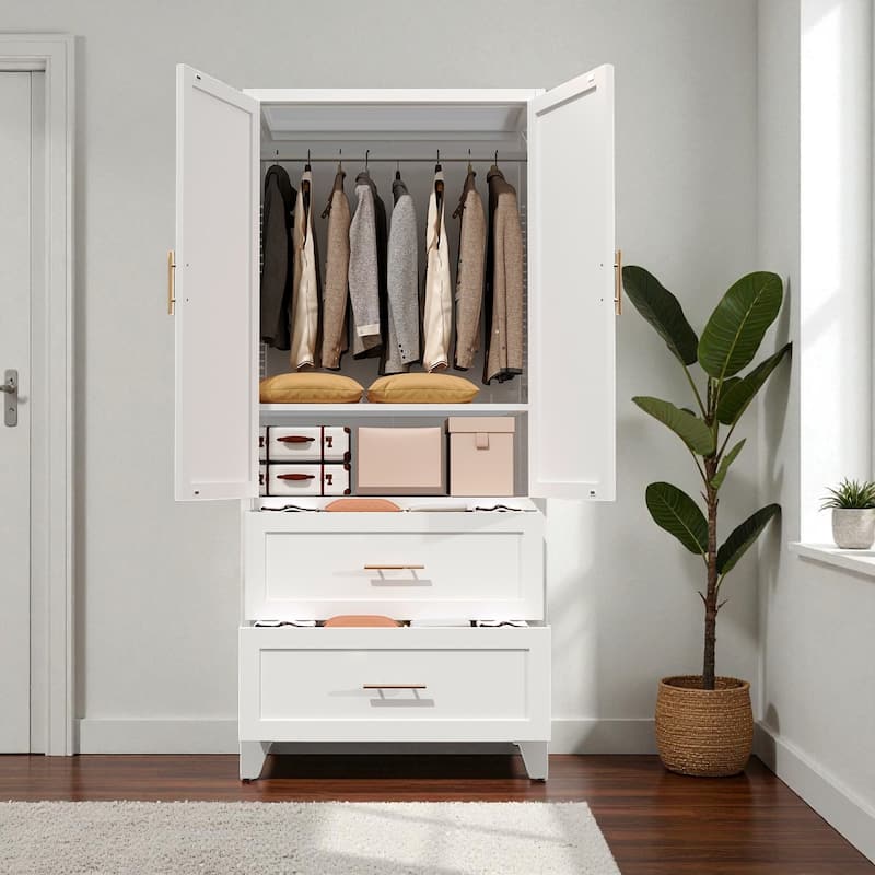 71" Metal Wardrobe Cabinet with Drawers and Hanging Rod, Steel Storage Closet with Shelf for Bedroom, Office & Entryway