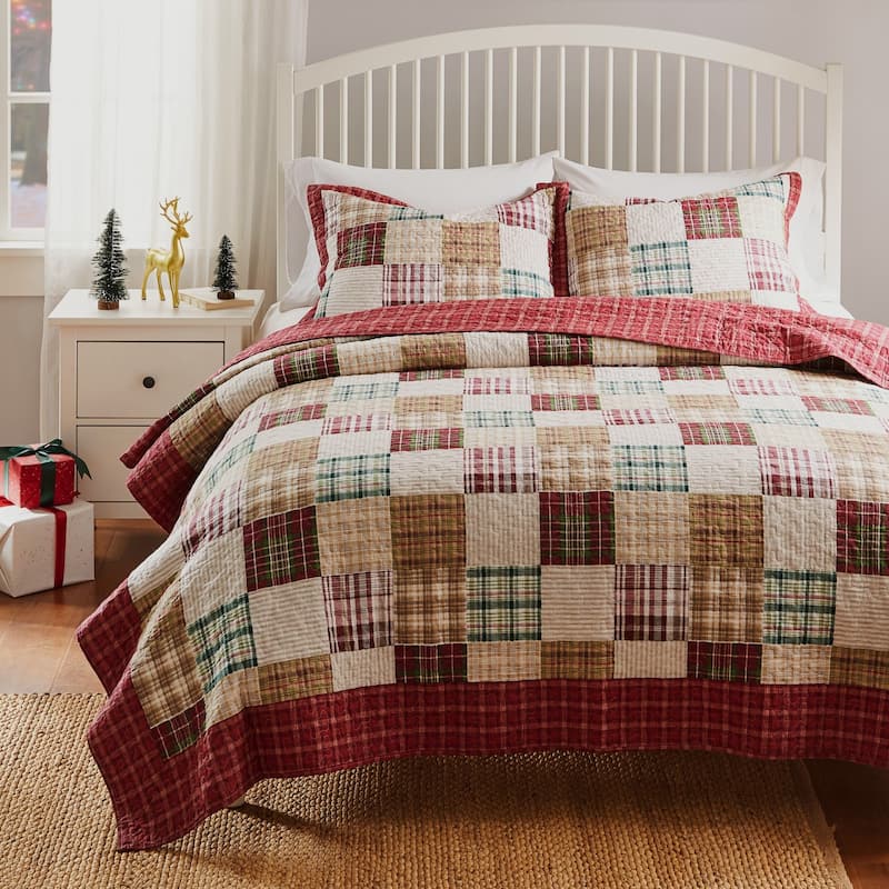 Greenland Home Oxford Quilted Bedspread Set, Traditional Plaid, Cotton - Red - Queen