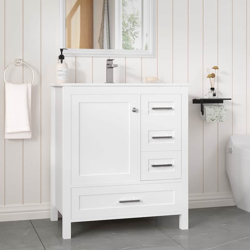 EROMMY All-in-One Bathroom Vanity with Ceramic Sink, Soft-Close Storage Cabinet & Drawer, Glossy Countertop, White