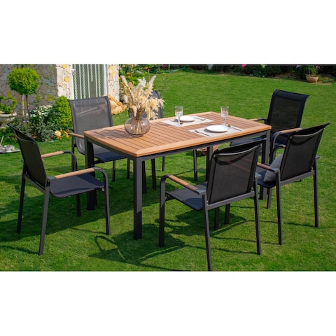 7 Pieces Outdoor Dining Set, Luxury Faux Wood Tabletop & Arm-rest