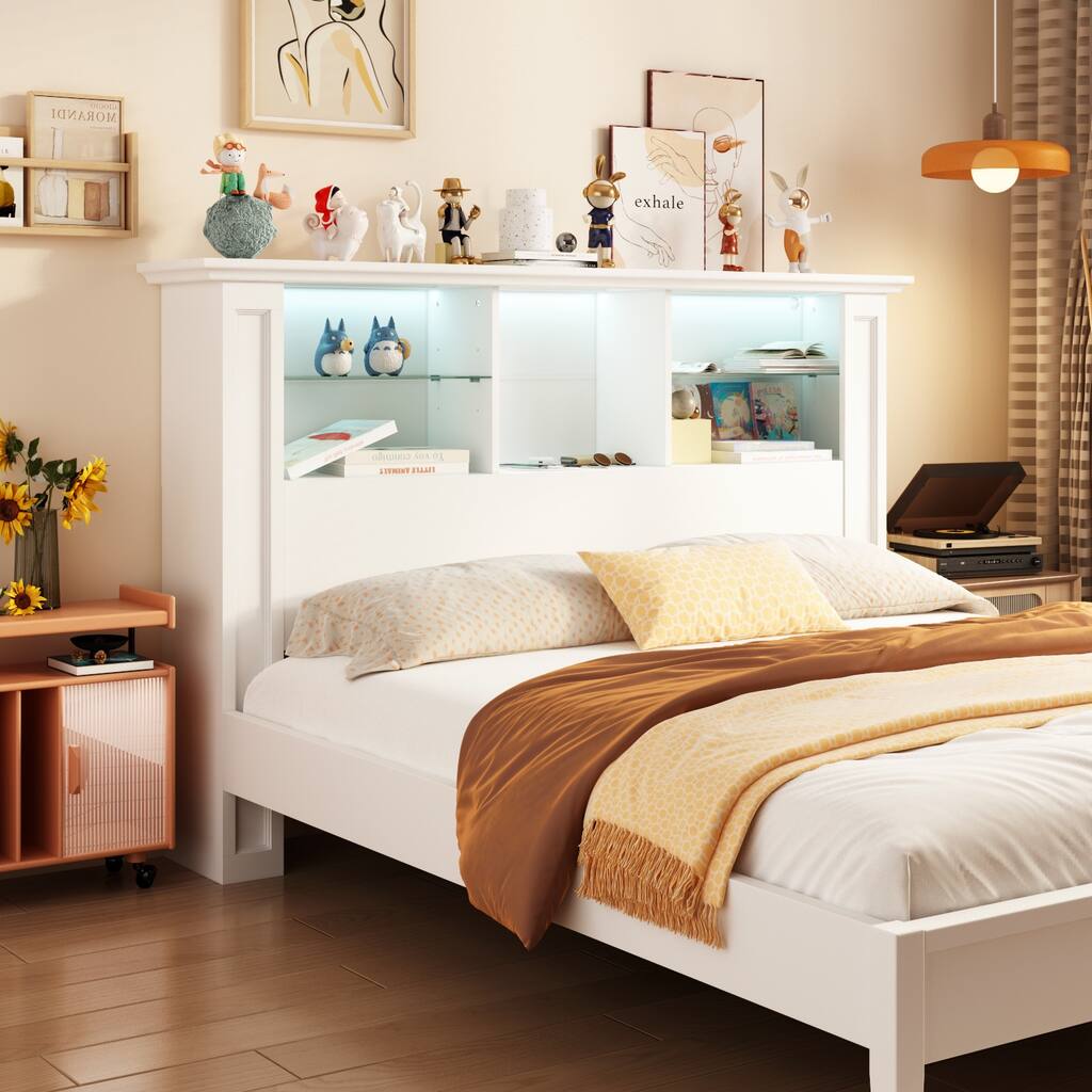 Storage Headboard Queen With light And Chargeer White