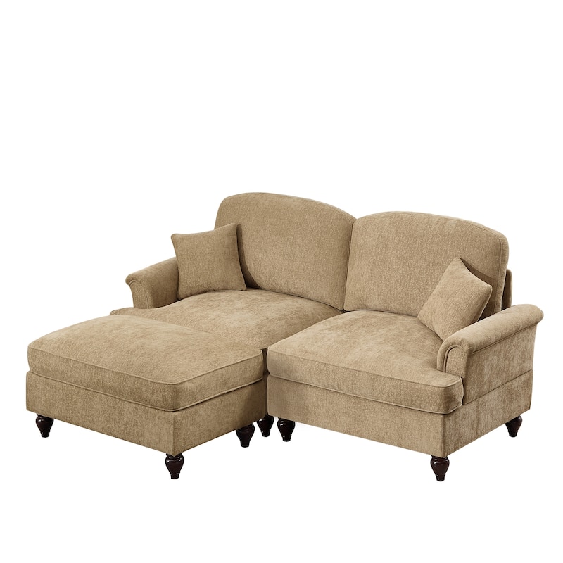 76.4" L Shaped 2-Seat Sectional Sofa, Chenille Couch with Ottoman, Flared Arms Loveseat with Removable Ruffles Pleats Skirts