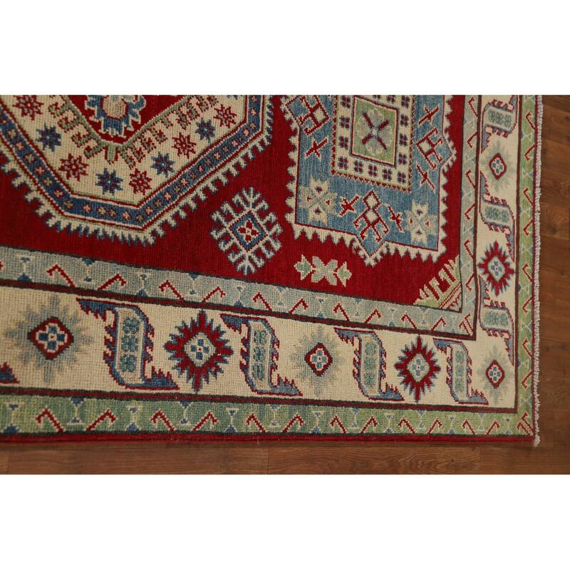 Red Geometric Kazak Runner Rug Handmade Oriental Wool Carpet - 4'1" x 13'8"