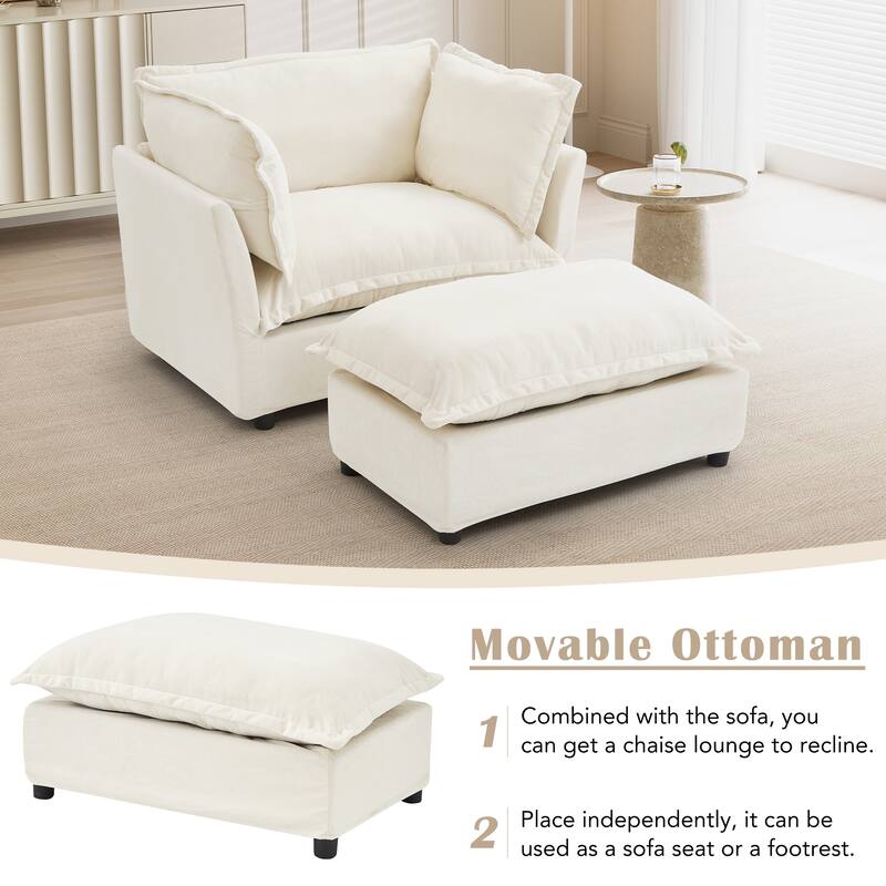 47" Modern Armchair Sofa with Ottoman - Upholstered Lounge Chair, Wide Seat, Curved Armrests & Soft Pillows for Living Room