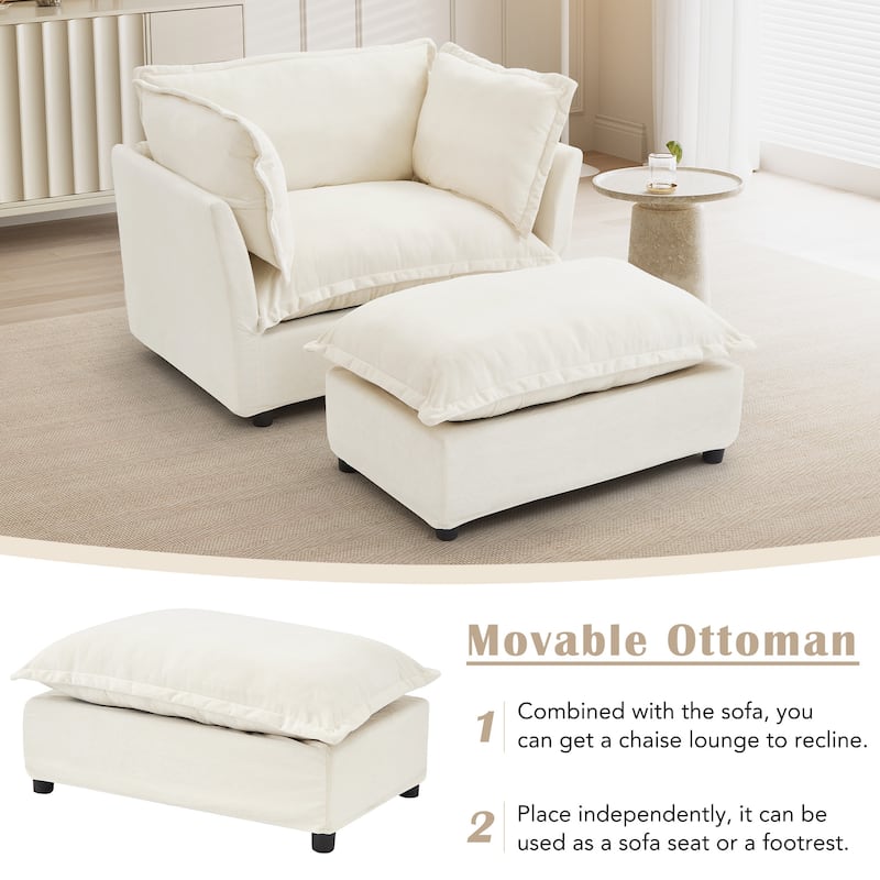 Chenille Single Sofa Chair with Ottoman, Modern Oversized Accent Chair for Reading, Living Room Curved Armrests Chairs