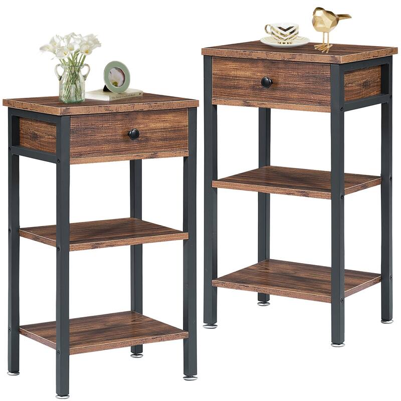 VECELO Modern Nightstand with Drawer & Open Shelves Slim Design for Small Spaces End Table with MDF & Rotating Floor Protectors - Set of 2 (Brown)
