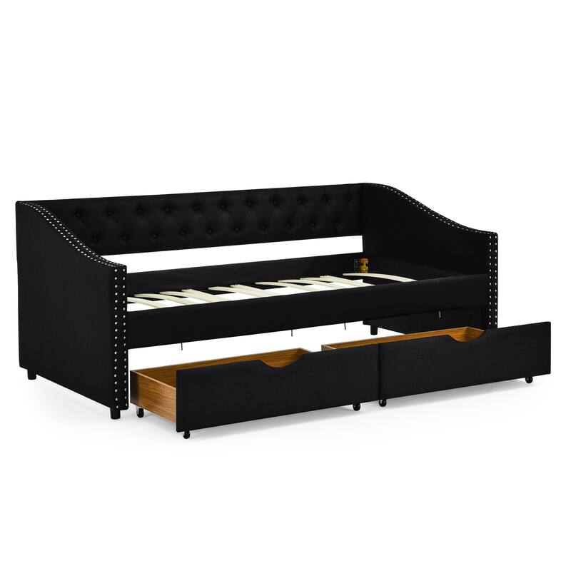 Twin Size Linen Upholstered Daybed Frame with 2 Drawers, Buttons Tufted Backrest, Copper Nail Decoration