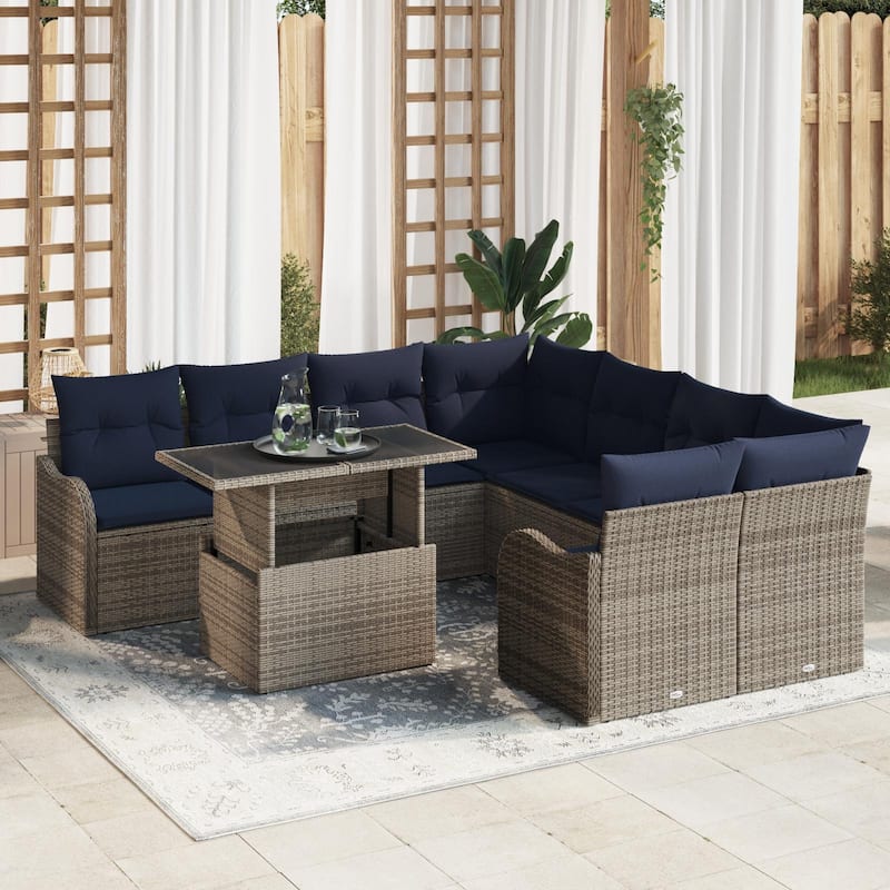 vidaXL 9 Garden Sofa Set with Cushions Black/Brown/Grey Poly Rattan - 91.5 x 92.1 x 27.2 - Grey