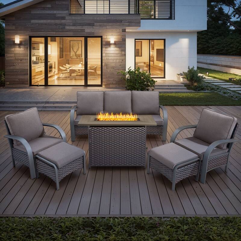 Outdoor Fire Pit with Funiture Set - Brown Rattan - Grey Cushion - 6PC-Sofa Patio Chair Ottoman w/ Rattan Table
