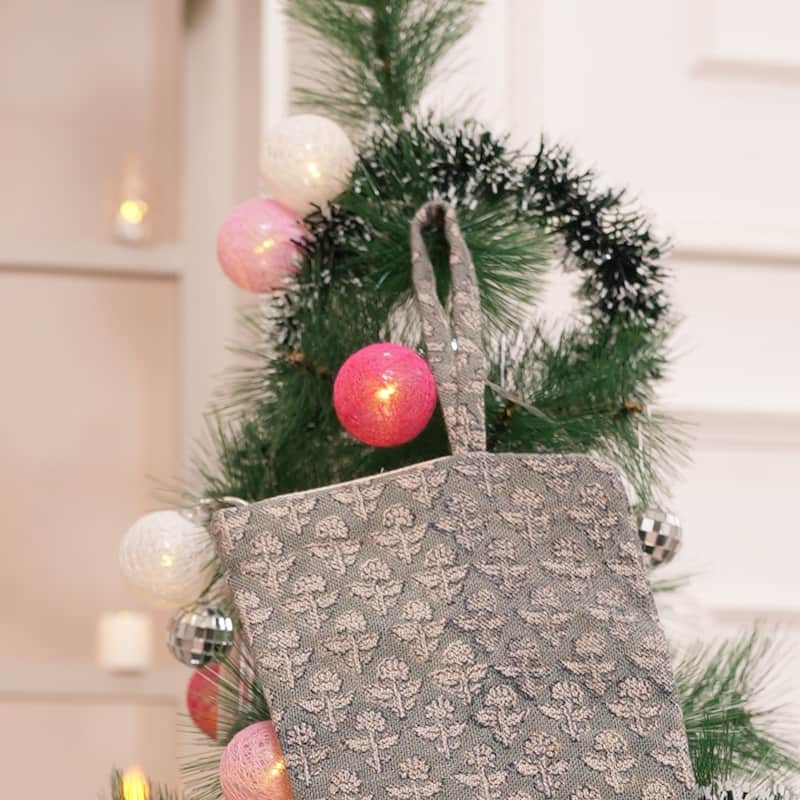 Fabdivine 16x6.5 Inches Hand Floral Block Print Christmas Stockings Tassle and Loop Perfect for Gift - 16"X6.5" - Gulmohar- Grey - Christmas Stockings