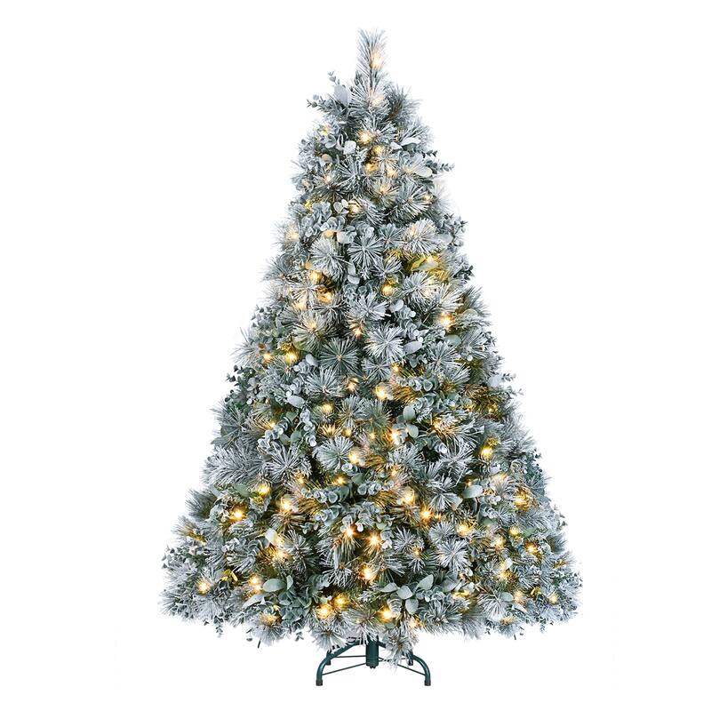 4FT Prelit Flocked Christmas Tree with Pine Needles&Eucalyptus Leaves,150 Warm White LED Lights,404 Tips,Metal Stand