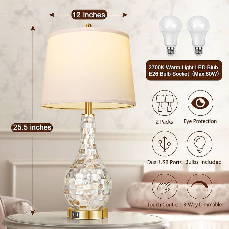 Set Of 2 Gold Shell Pearl Tile Table Lamp, Coastal Style Bedside Table Lamp With USB Port, 3-Way Touch Control Lamp Included