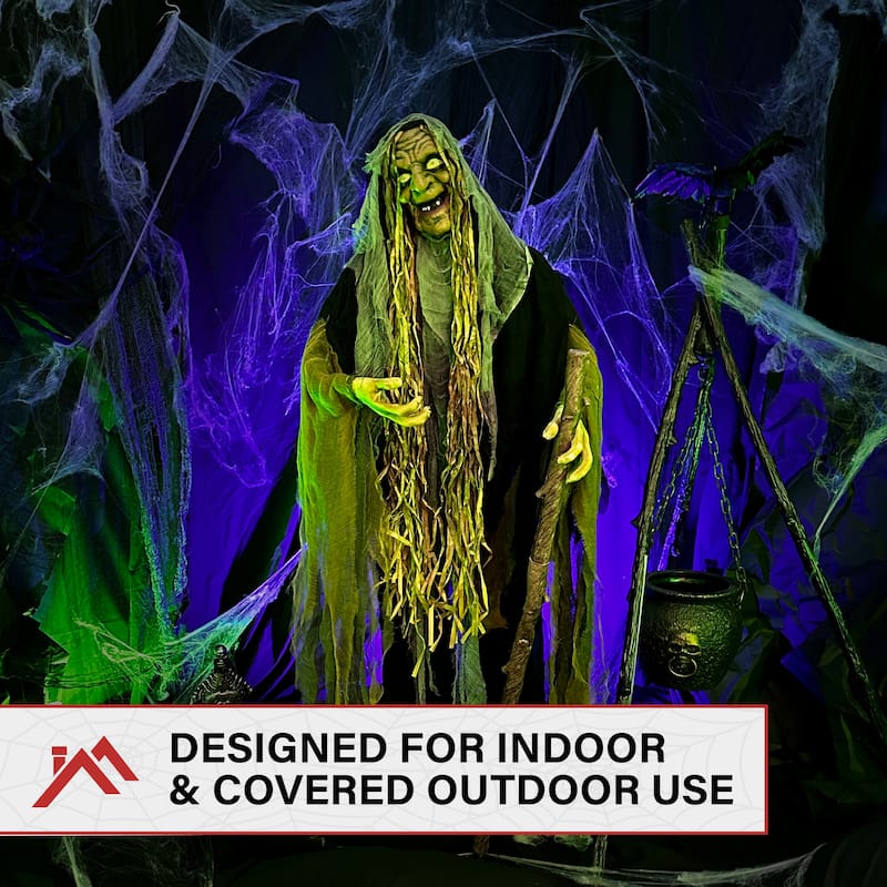 Haunted Hill Farm 5.7-Ft. Life-Size Talking Animatronic Witch with White Eyes