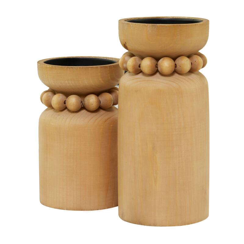 Brown or White Wood Beaded Pillar Candle Holder (Set of 2)