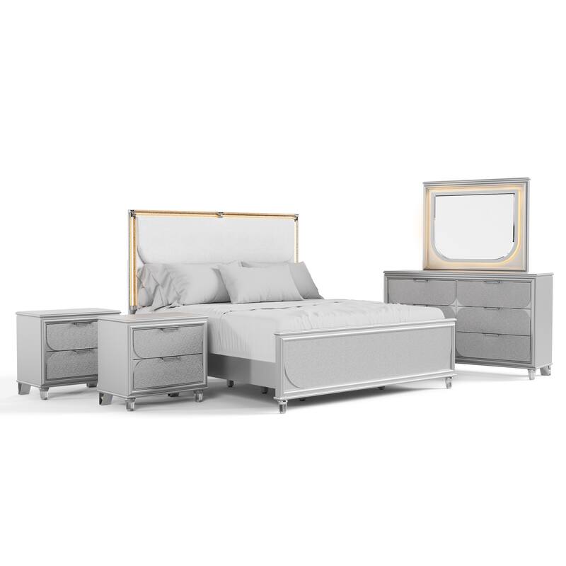 Furniture of America Angrove Modern 5-Piece Silver Queen Panel Bedroom Set with LED Lighting and Padded Headboard
