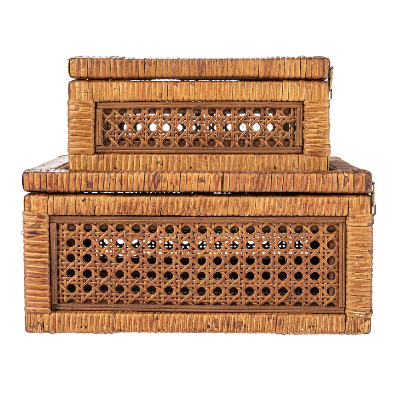 Woven Wood and Rattan Display Boxes with Glass Lids