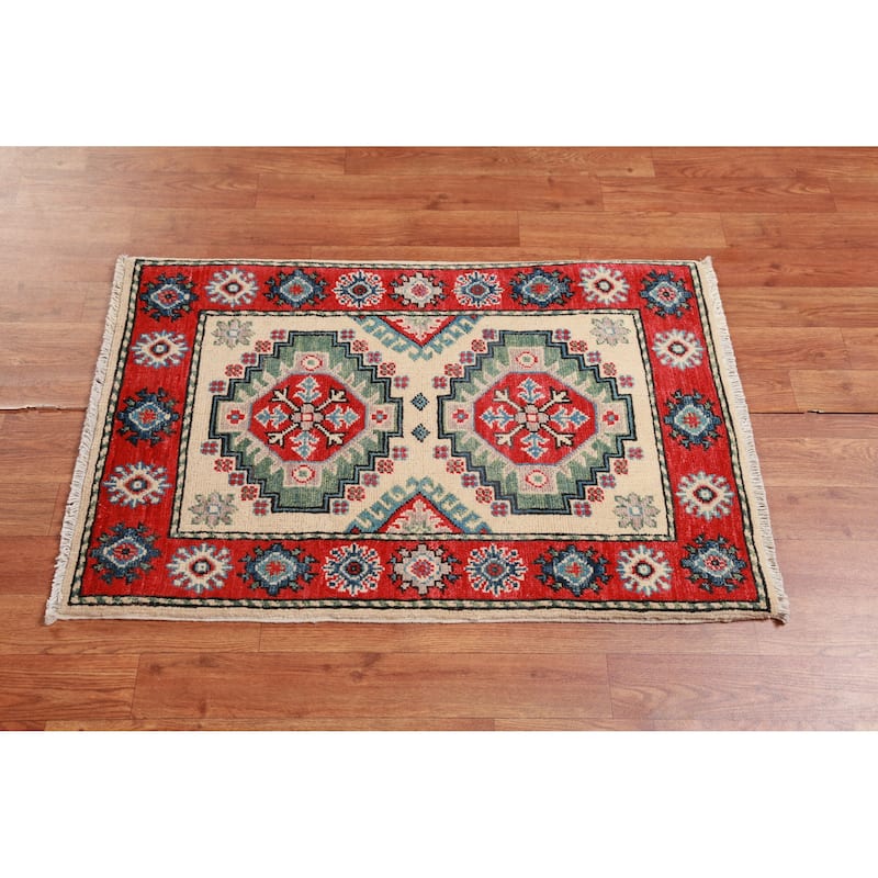 Traditional Kazak Rug Hand-Knotted Oriental Beige Wool Carpet - 2'0"x 3'0"
