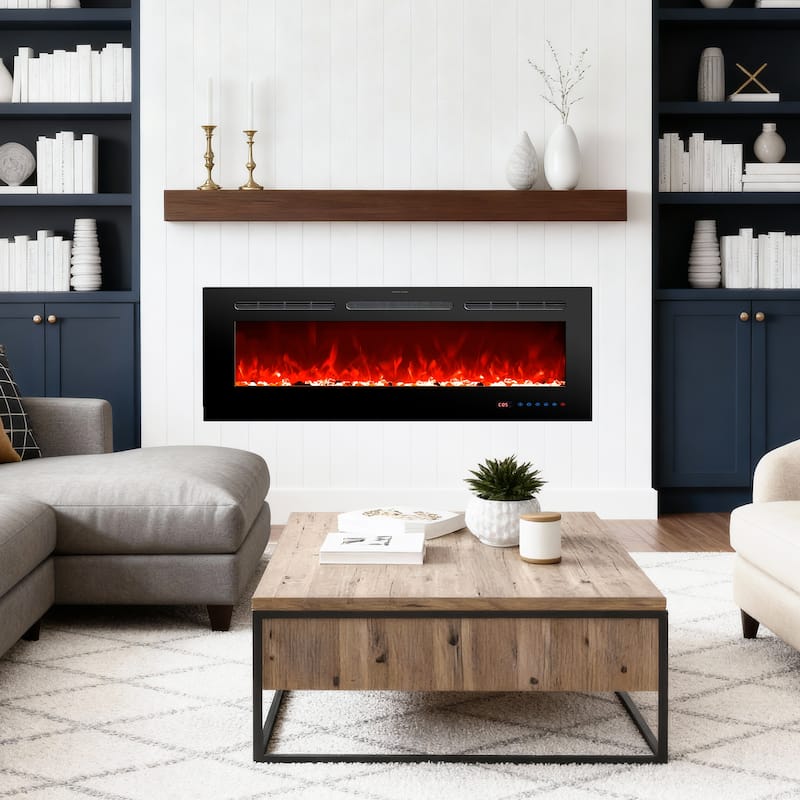 60" Inserted & Wall-Mounted Electric Fireplace with Remote and Timer, 13 Adjustable Flame Color