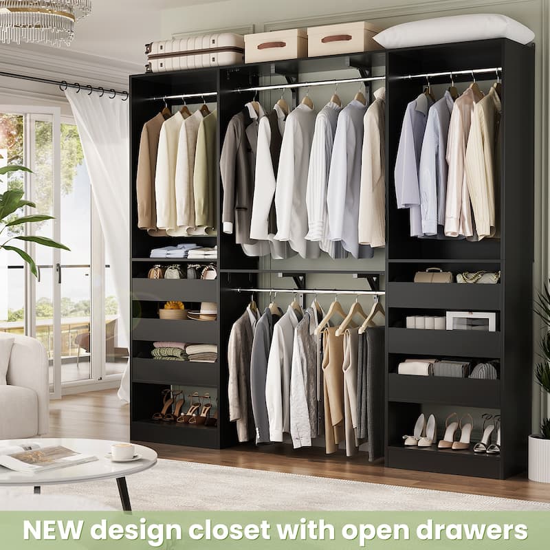 20"-60" Closet System with 3 Wooden Drawers and Sturdy Shelves and Retractable Rods