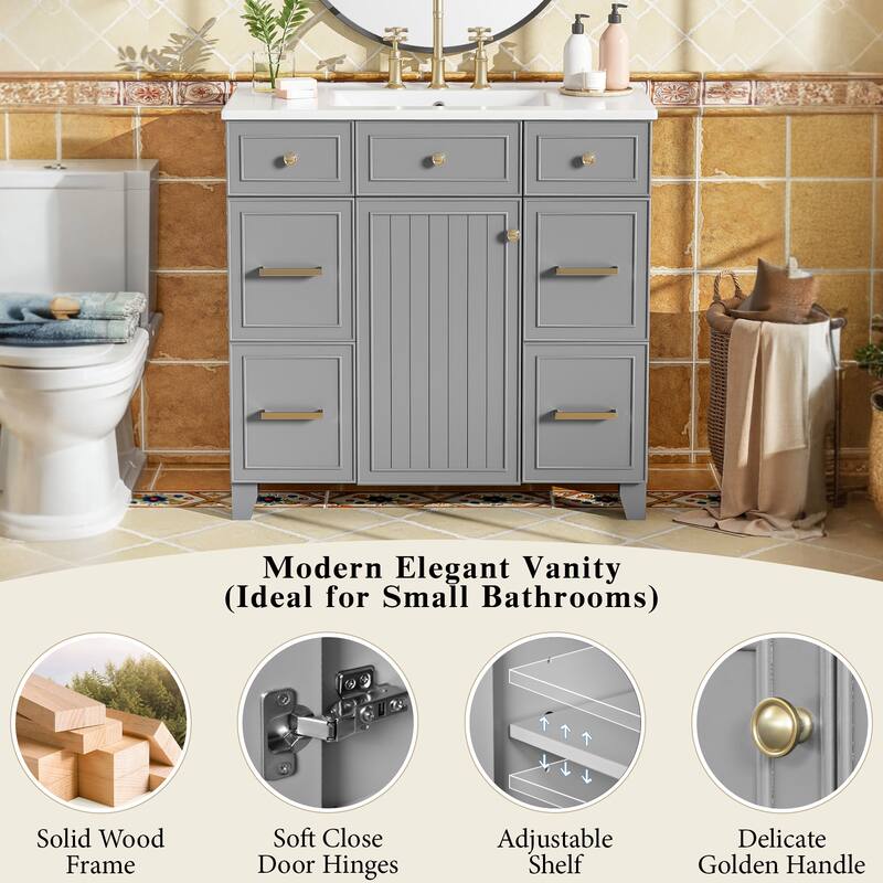 Bathroom Vanity with Sink, Vanity Set with Double-Layer & Standard Drawers, Bathroom Storage Cabinet with Adjustable Shelf