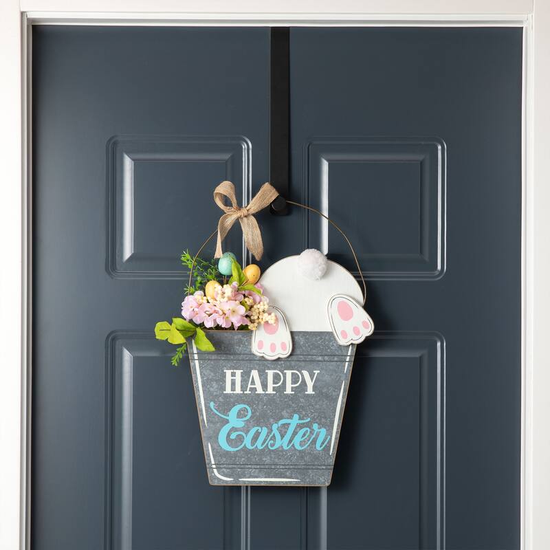 Glitzhome Easter Wooden Cute Bunny Eggs/Fence Door Hanger Wall Decor Spring Gift