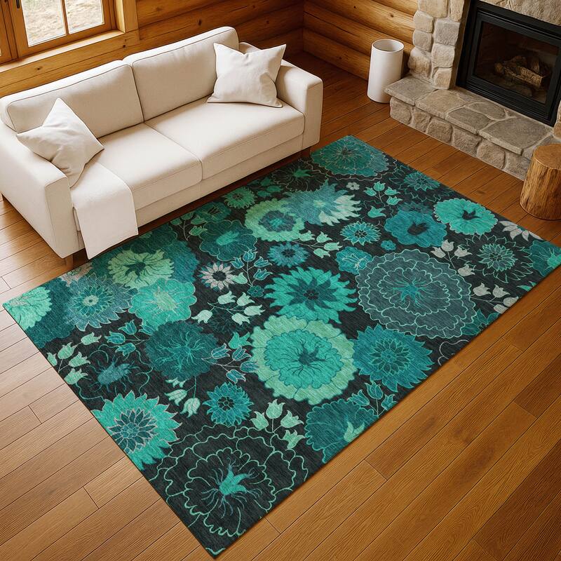 Machine Washable Indoor/ Outdoor Modern Floral Chantille Rug