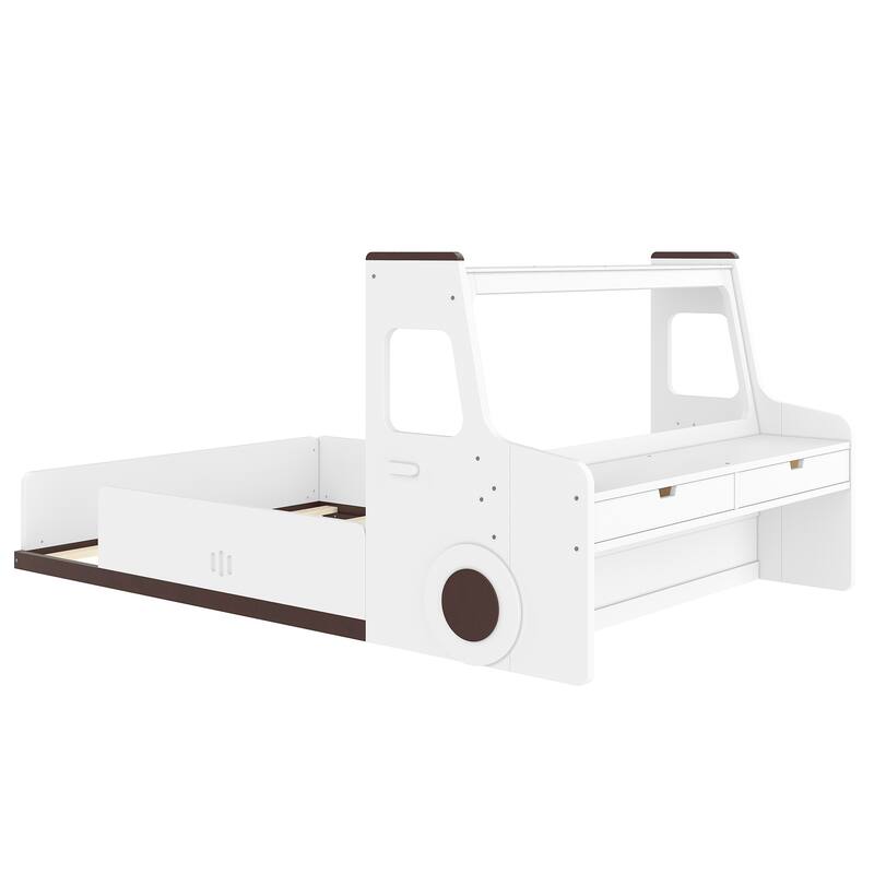 Full Size Floor Bed with Interesting Car-shape Design, Kids Car Floor Bed with Storage Drawers, Window